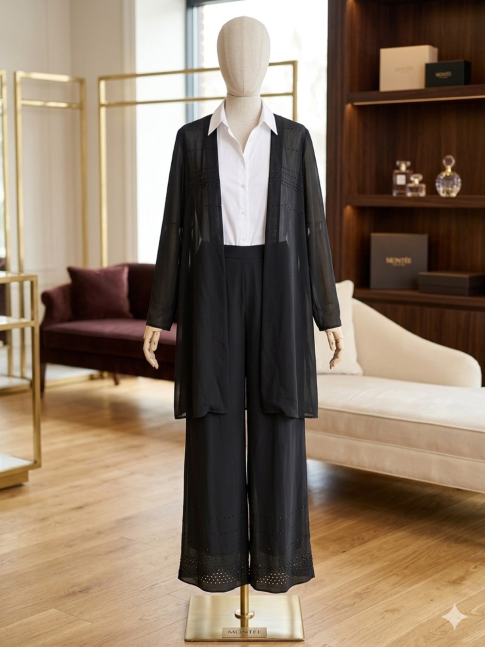 Black Wide-Leg Palazzo Pants with Sheer Long Cardigan - Women